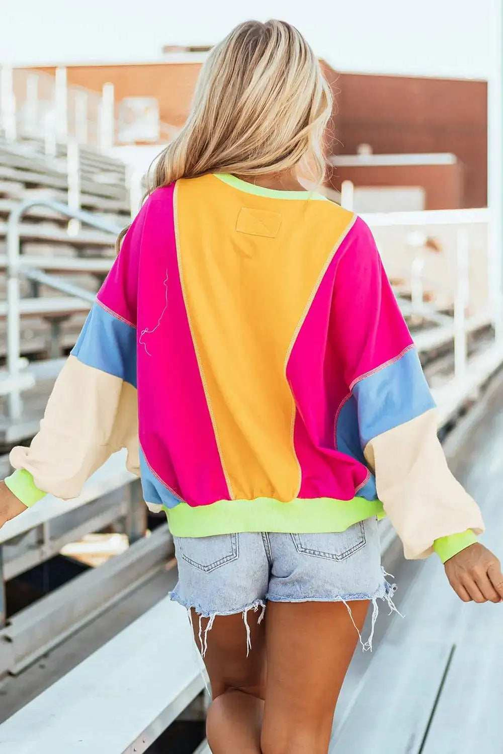 Color Block Round Neck Long Sleeve Top - Trendsi - Flyclothing LLC