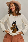 SO ME Horse Knit Sweater Top with Blanket Stitch - Trendsi - Flyclothing LLC