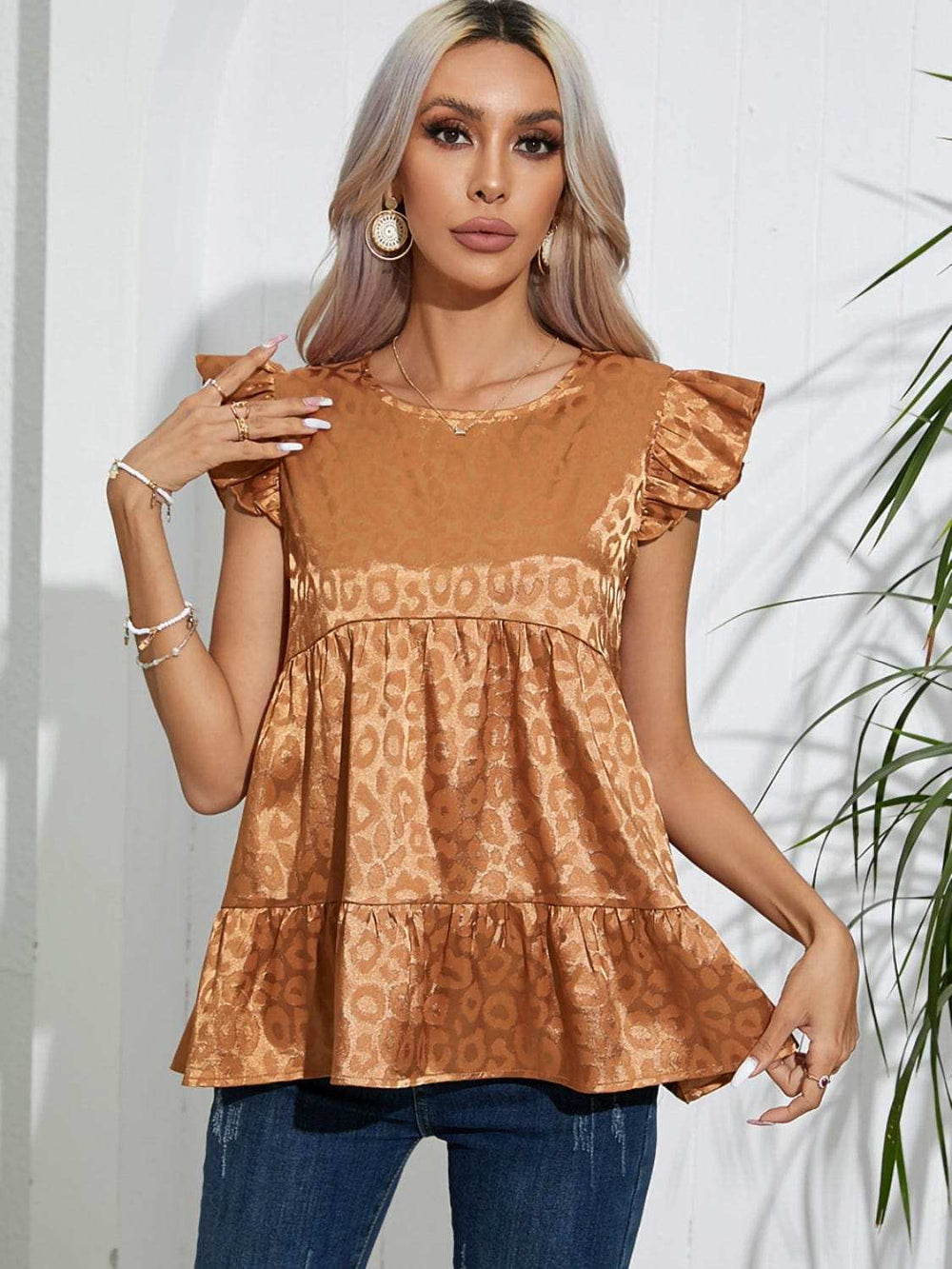 Full Size Ruffled Leopard Cap Sleeve Top - Trendsi - Flyclothing LLC