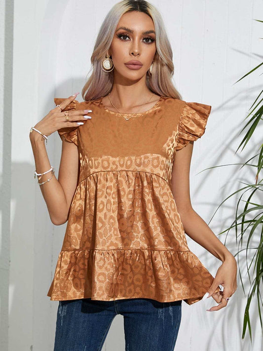 Full Size Ruffled Leopard Cap Sleeve Top - Trendsi - Flyclothing LLC