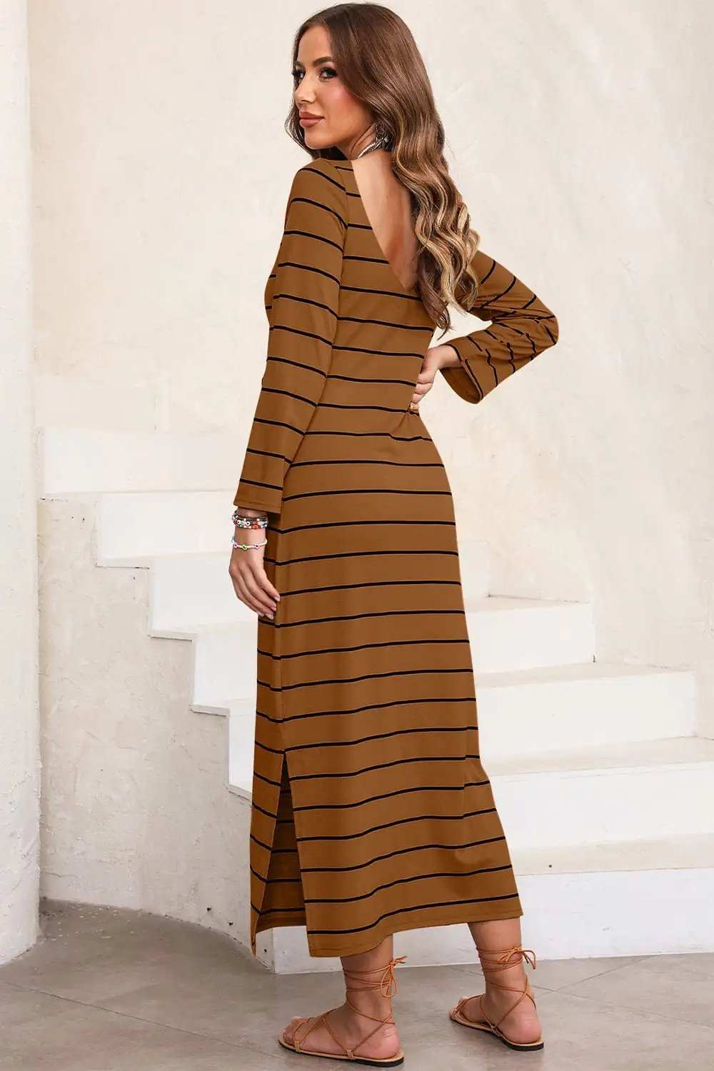 Slit Striped Round Neck Midi Dress - Trendsi - Flyclothing LLC
