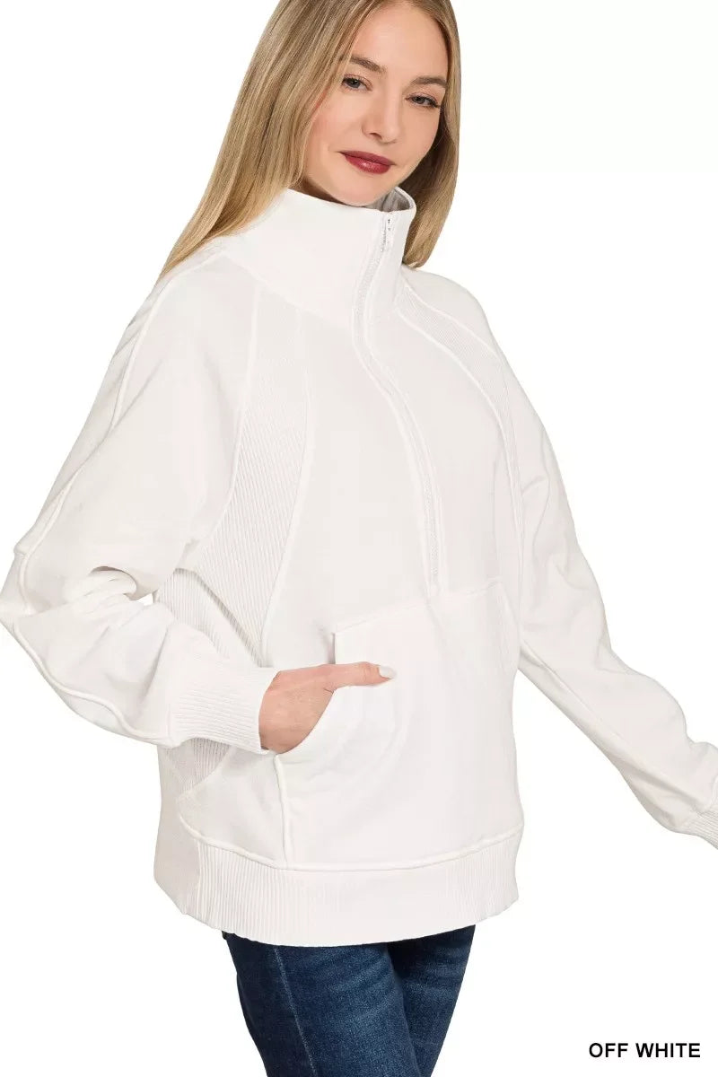 Zenana Half Zip Fleece Sweatshirt with kangaroo Pocket - Trendsi - Flyclothing LLC
