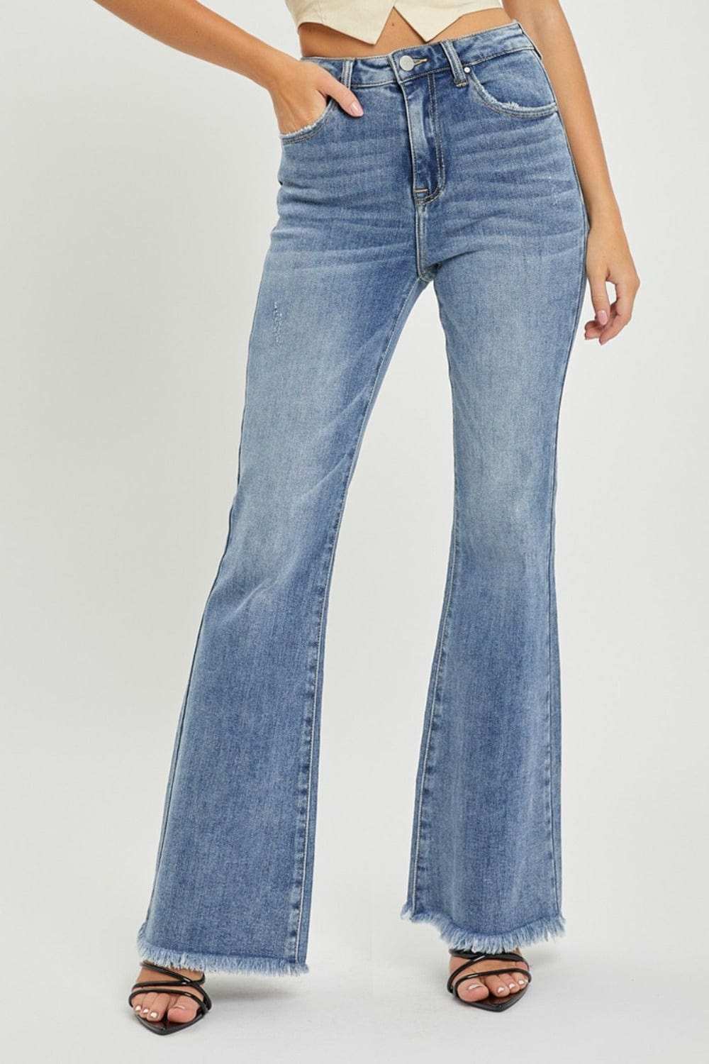 RISEN Full Size High Waist Raw Hem Flare Jeans - Trendsi - Flyclothing LLC
