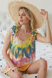 BiBi Circular Tie Dye Knit V Neck Top With Ruffle - Trendsi - Flyclothing LLC