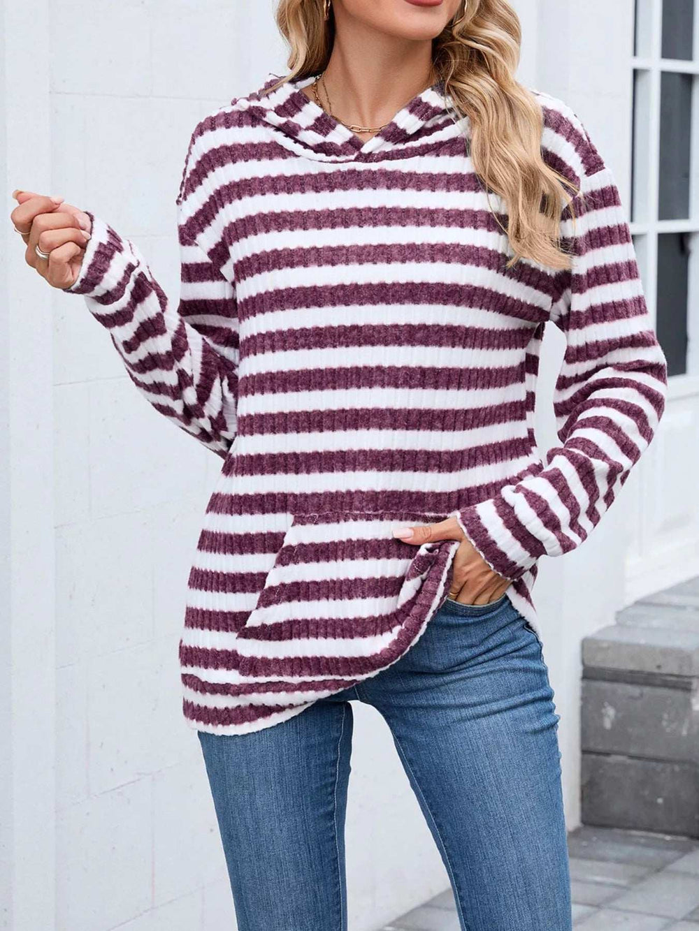 Striped Dropped Shoulder Hoodie - Trendsi - Flyclothing LLC