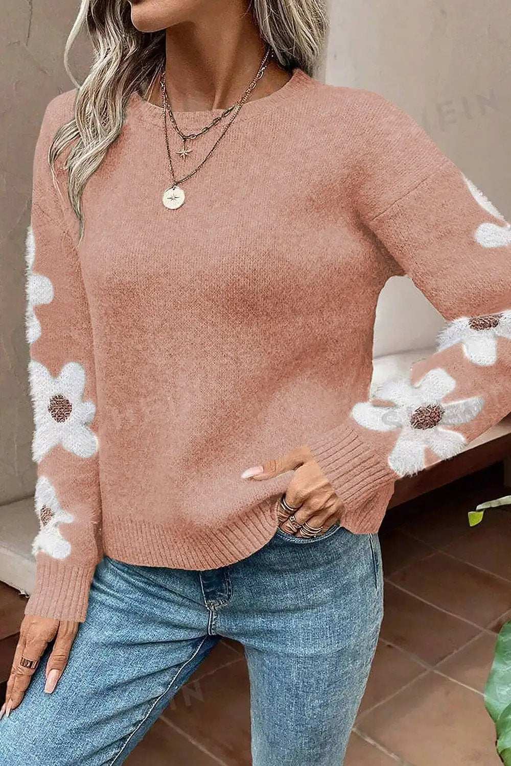 Flower Round Neck Long Sleeve Sweater - Trendsi - Flyclothing LLC