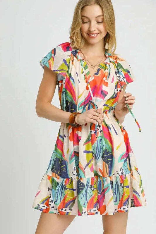 Umgee Printed Tie Neck Ruffled Hem Dress - Trendsi - Flyclothing LLC