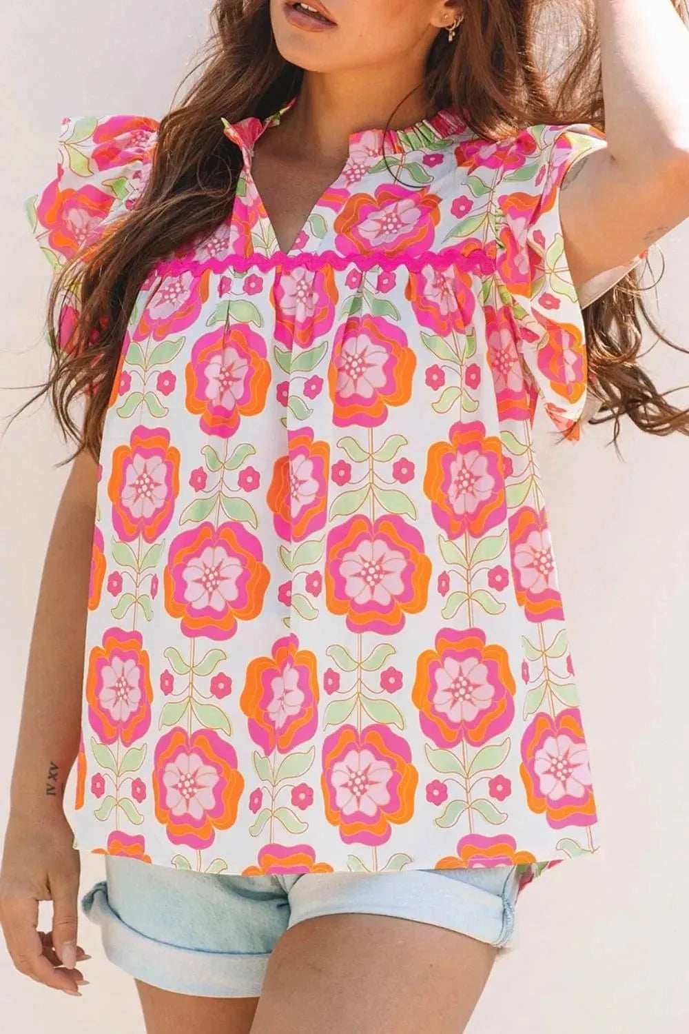 Floral Ruffled Sleeve Ric-Rac Trim Split Neck Loose Blouse - Trendsi - Flyclothing LLC