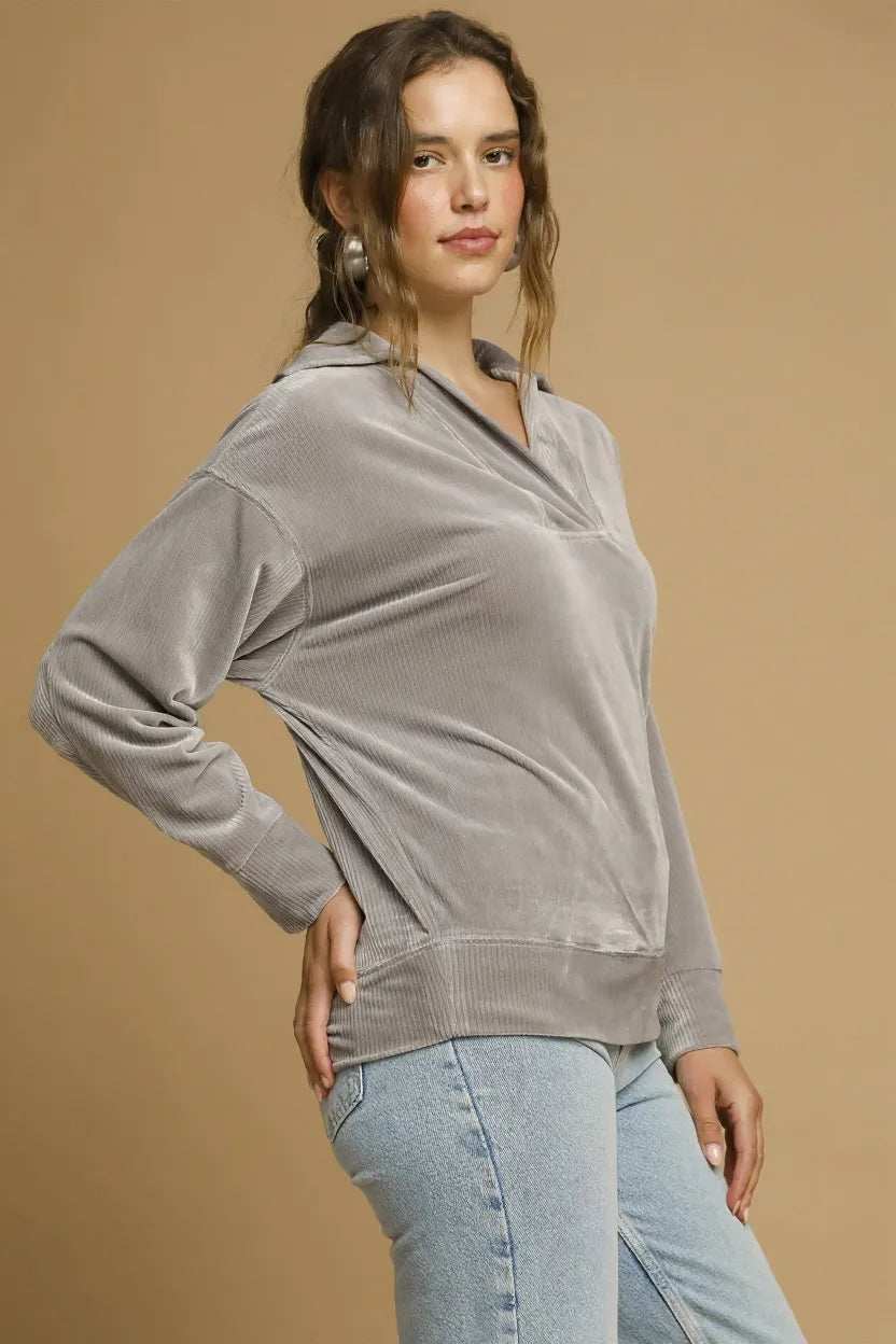 Umgee Soft Thermal Collared Long Sleeve Top - Trendsi - Flyclothing LLC