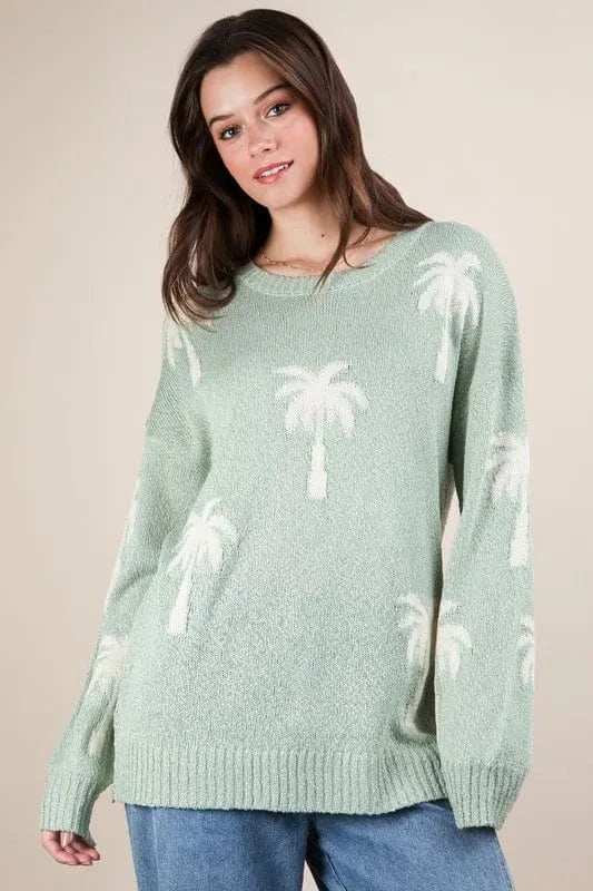 VERY J Palm Tree Graphic Oversized Knit Sweater - Trendsi - Flyclothing LLC