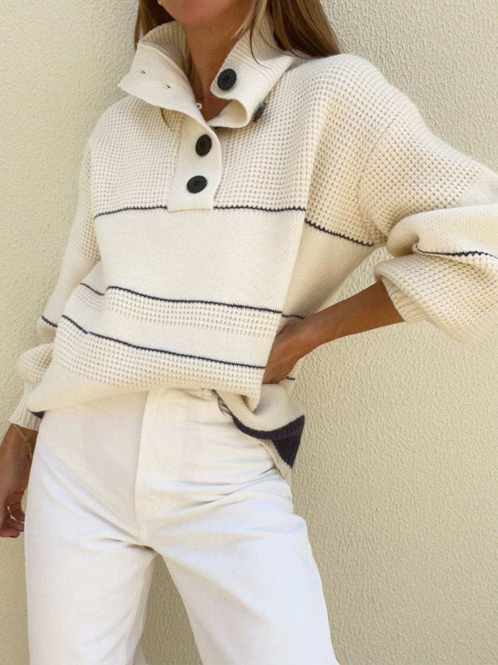 Waffle-Knit Half Button Long Sleeve Sweater - Trendsi - Flyclothing LLC