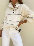 Waffle-Knit Half Button Long Sleeve Sweater - Trendsi - Flyclothing LLC