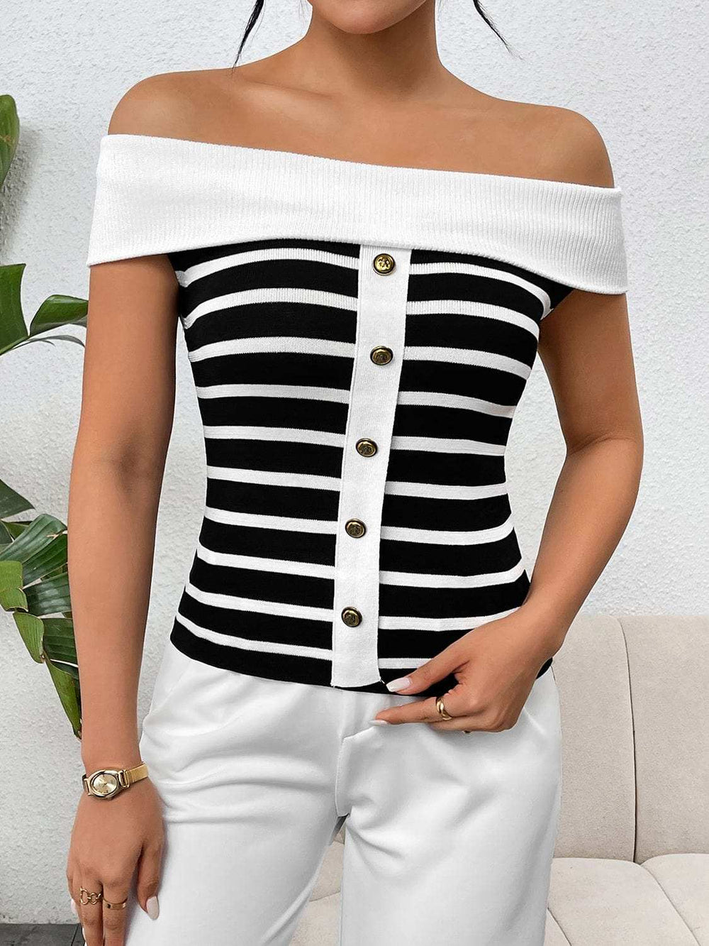 Decorative Button Striped Off-Shoulder Knit Top - Trendsi - Flyclothing LLC