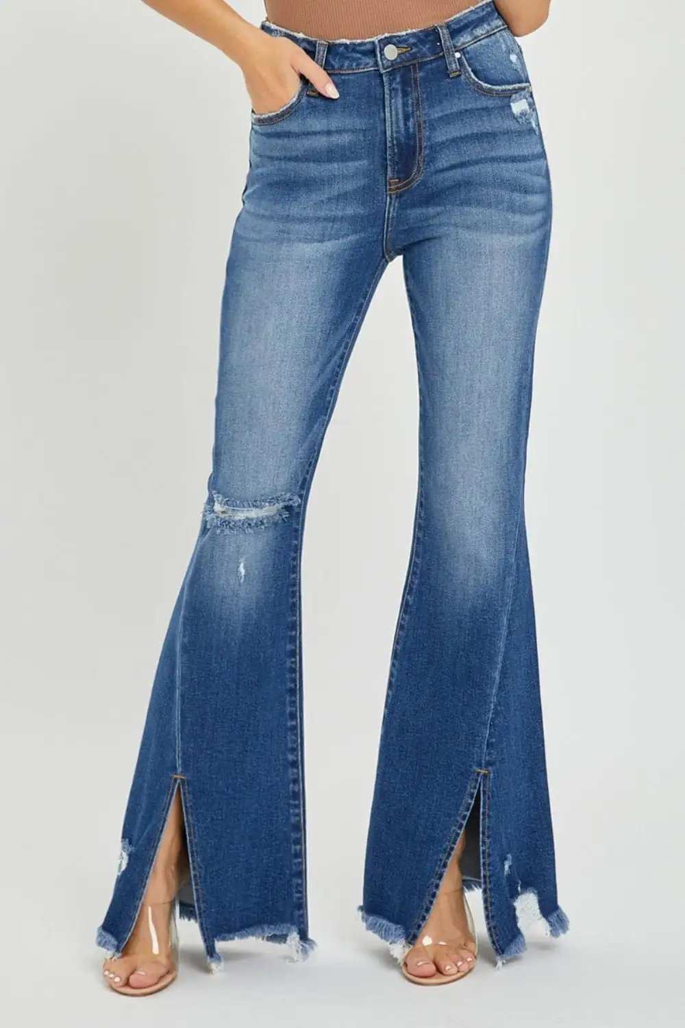 RISEN Full Size High Rise Front Slit Frayed Hem Flare Jeans - Trendsi - Flyclothing LLC