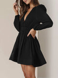 Ruched V-Neck Balloon Sleeve Mini Dress - Trendsi - Flyclothing LLC