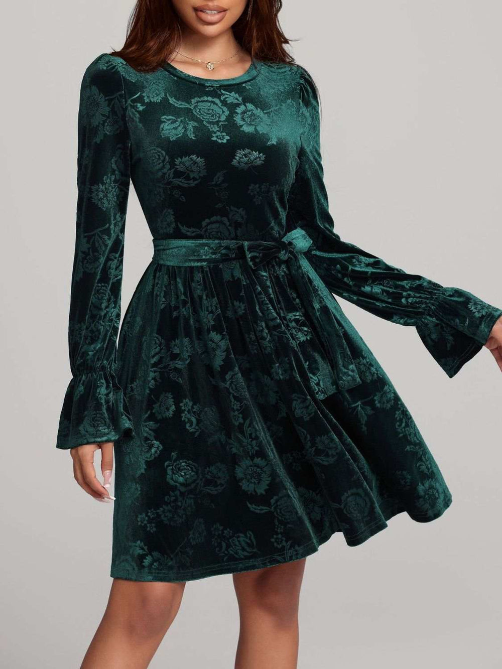 Tied Flower Print Round Neck Flounce Sleeve Dress - Trendsi - Flyclothing LLC