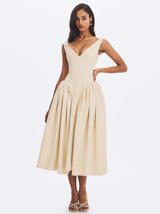 Chelsea Ivory Jacquard Ruched Bust Sweetheart Midi Dress - Miss Circle - Flyclothing LLC