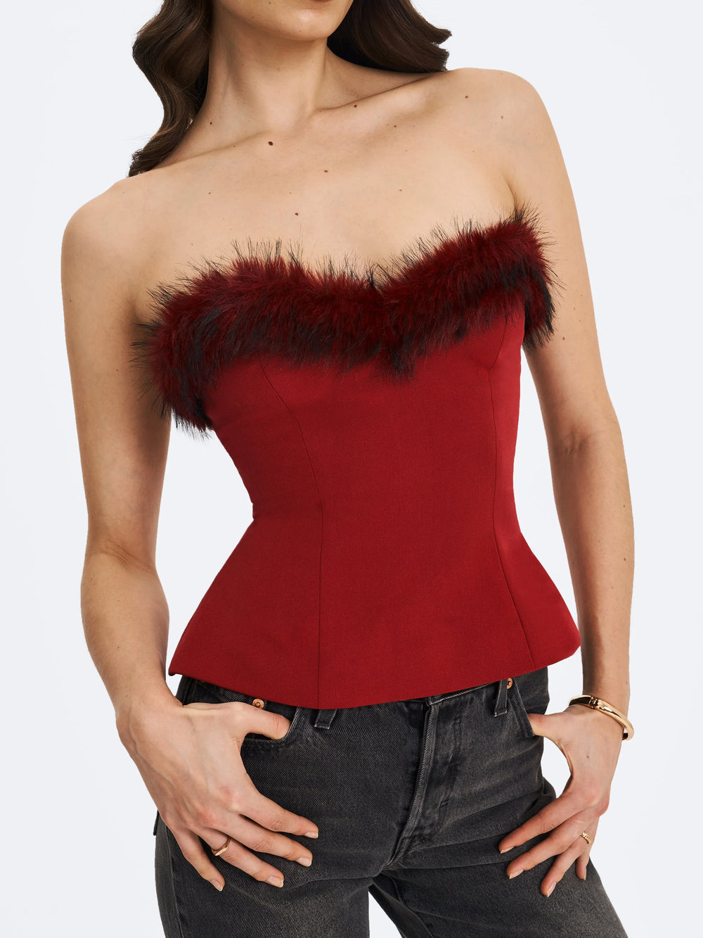 Ivette Crimson Fur-Trimmed Peplum Top - Miss Circle - Flyclothing LLC
