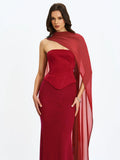 Giselle Crimson Peplum Mermaid Gown with Chiffon Scarf - Miss Circle - Flyclothing LLC