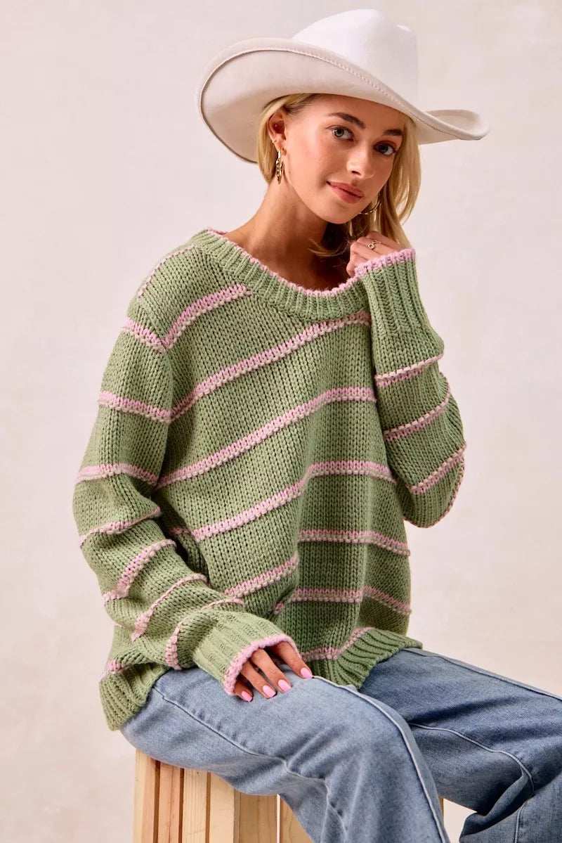 BiBi Striped Long Sleeve Sweater - Trendsi - Flyclothing LLC