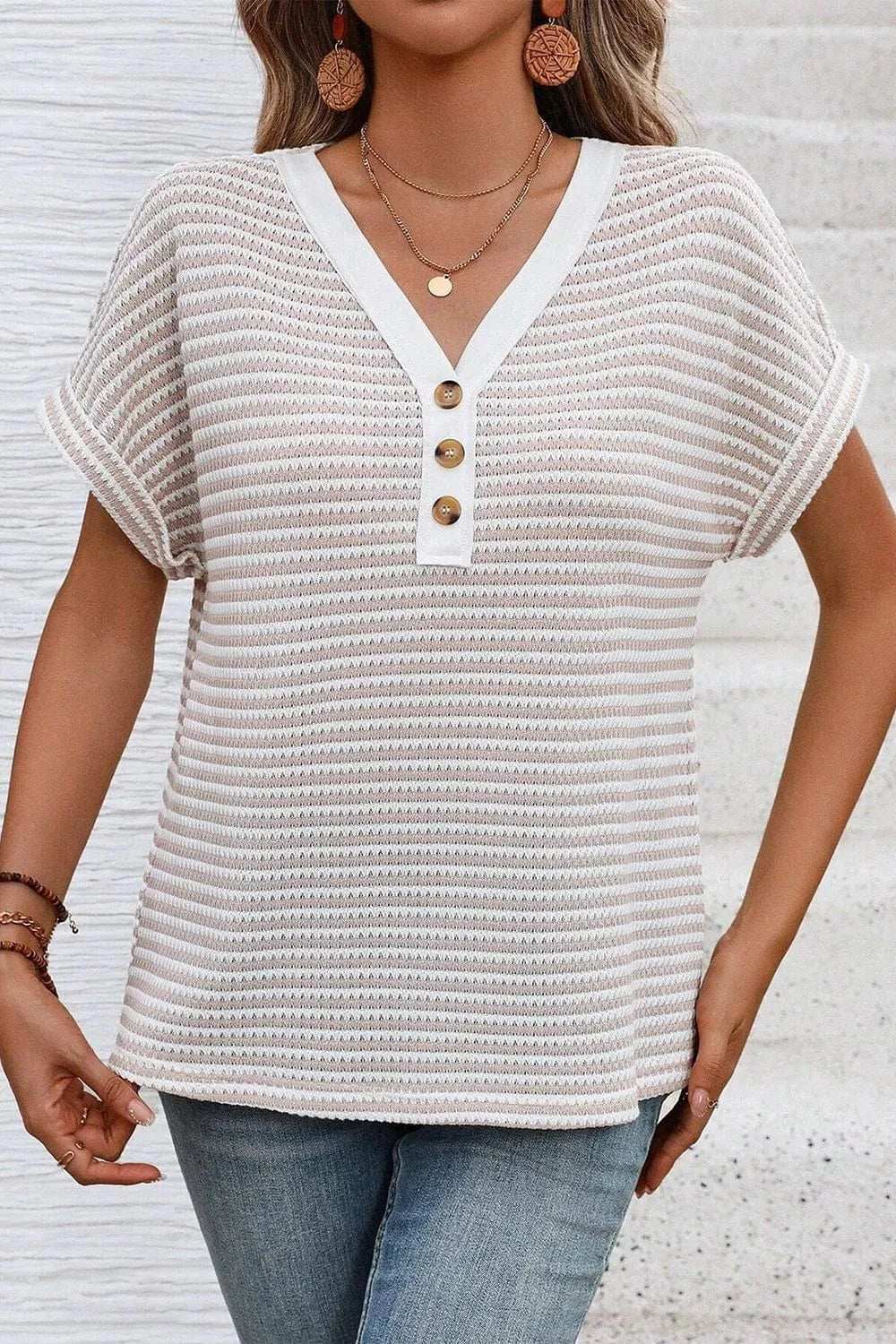 Stripe Buttoned Front V Neck T Shirt - Trendsi - Flyclothing LLC