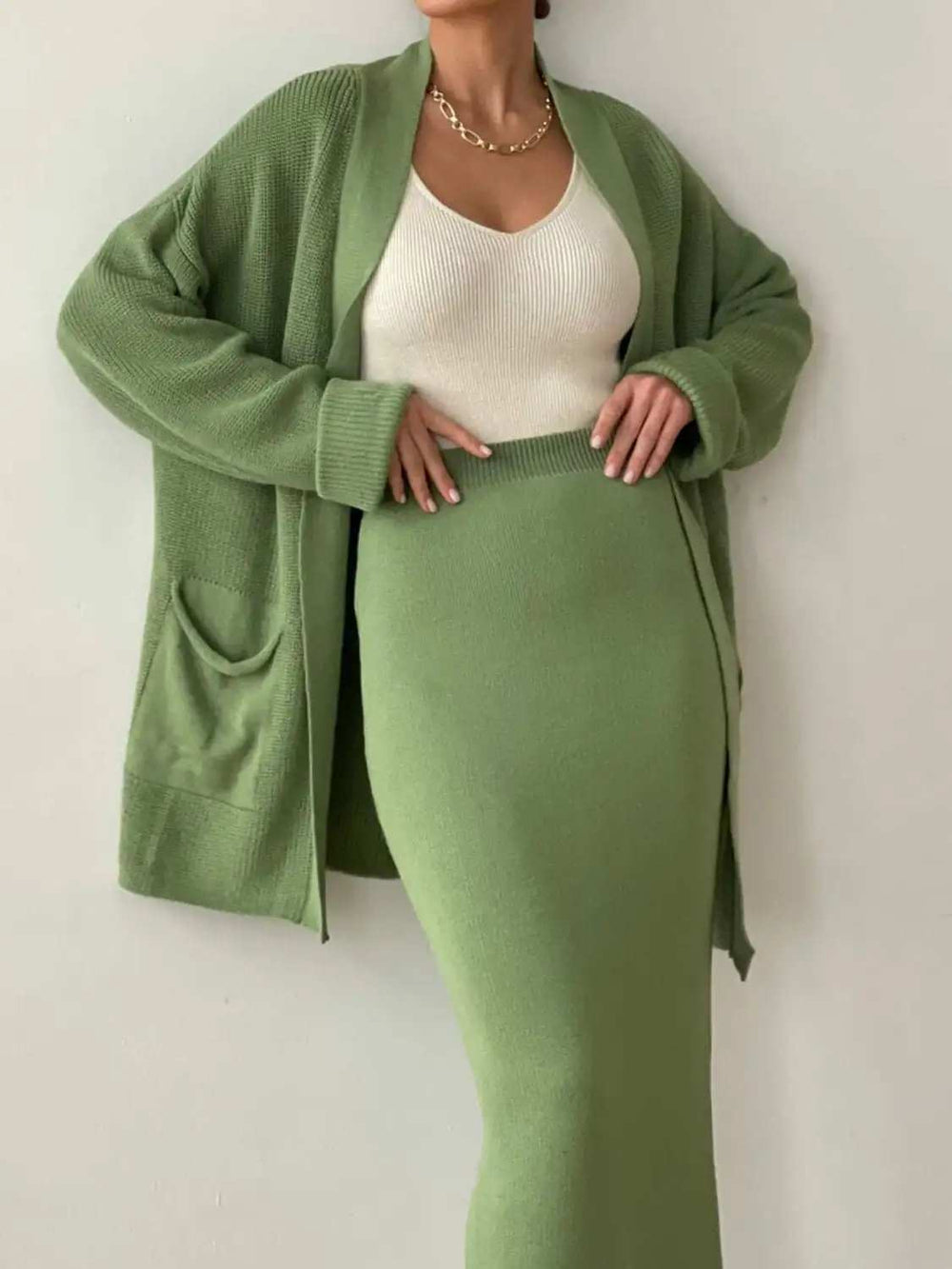 Pocketed Long Sleeve Cardigan and Skirt Sweater Set - Trendsi - Flyclothing LLC