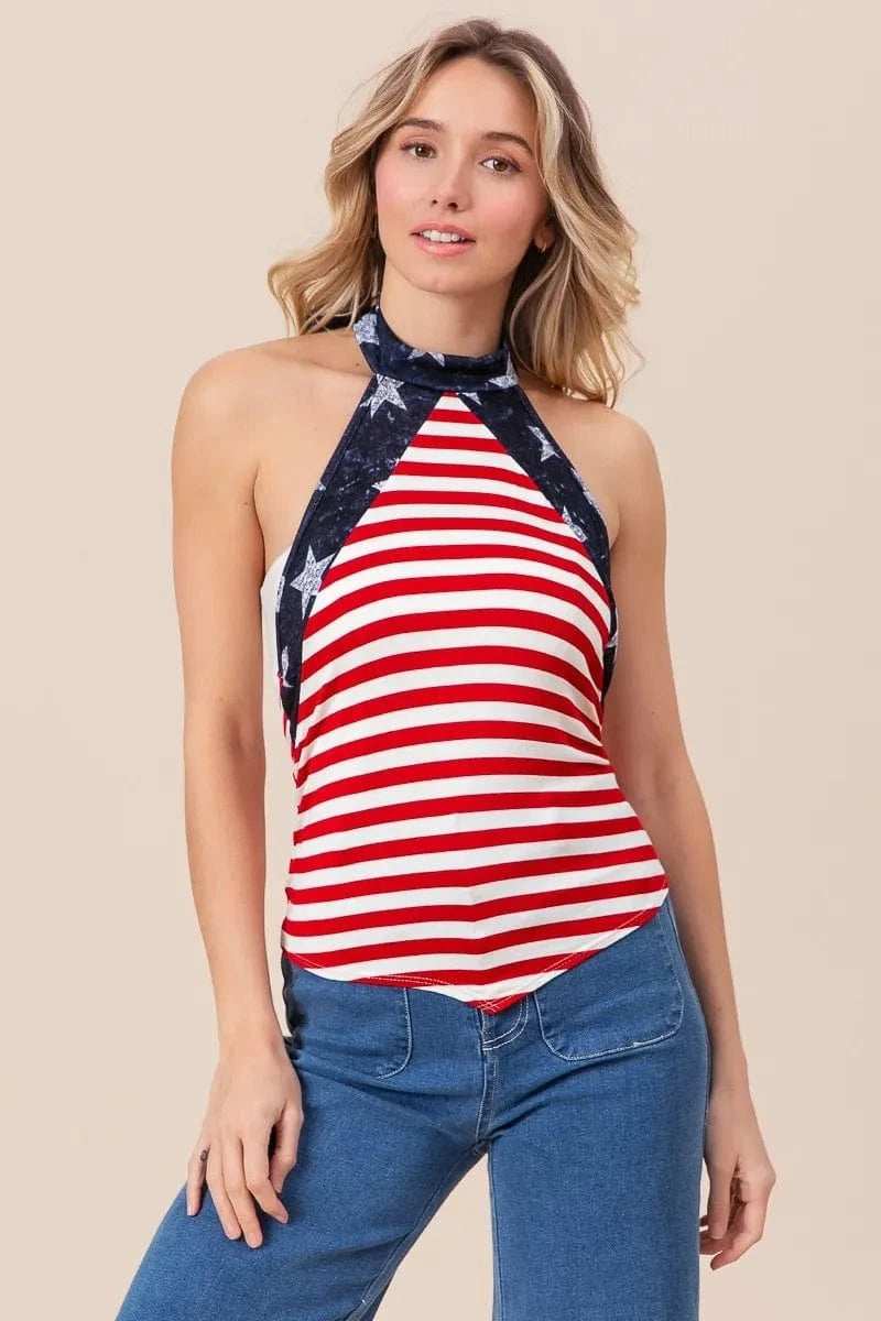 BiBi Stripe Jersey with Star Halter Neck with Tie Back - Trendsi - Flyclothing LLC