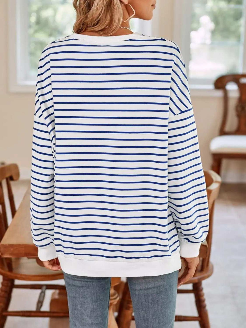 Striped Round Neck Long Sleeve Sweatshirt - Trendsi - Flyclothing LLC