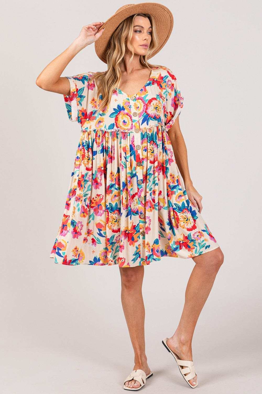 SAGE + FIG Full Size Floral Button-Down Short Sleeve Dress - Trendsi - Flyclothing LLC