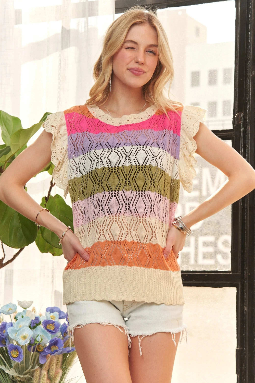 ADORA Eyelet Sleeve Multi Color Crochet Top - Trendsi - Flyclothing LLC