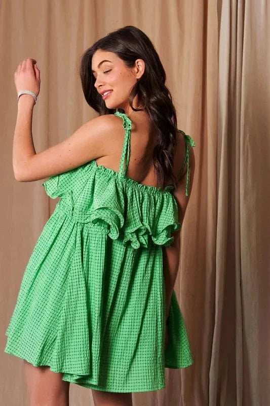 Davi & Dani Textured Jacquard Checker Fabric Ruffled Dress - Trendsi - Flyclothing LLC