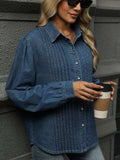 Button Down Collared Neck Long Sleeve Denim Top - Trendsi - Flyclothing LLC
