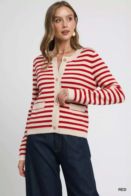 Umgee Striped Knit Button-Up Cardigan - Trendsi - Flyclothing LLC