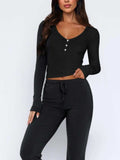V-Neck Long Sleeve Top and Pants Set - Trendsi - Flyclothing LLC