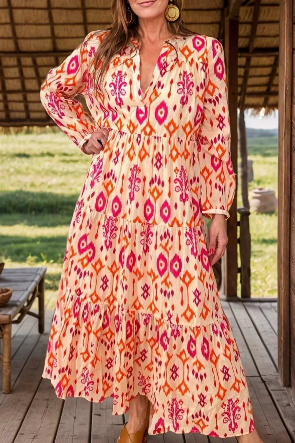 Tiered Printed Notched Long Sleeve Midi Dress - Trendsi - Flyclothing LLC