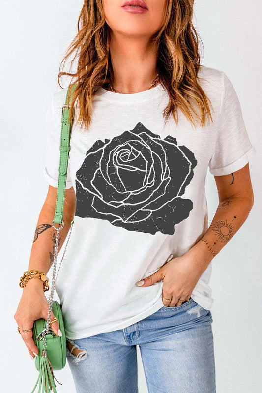 Rose Graphic Round Neck Short Sleeve T-Shirt - Trendsi - Flyclothing LLC