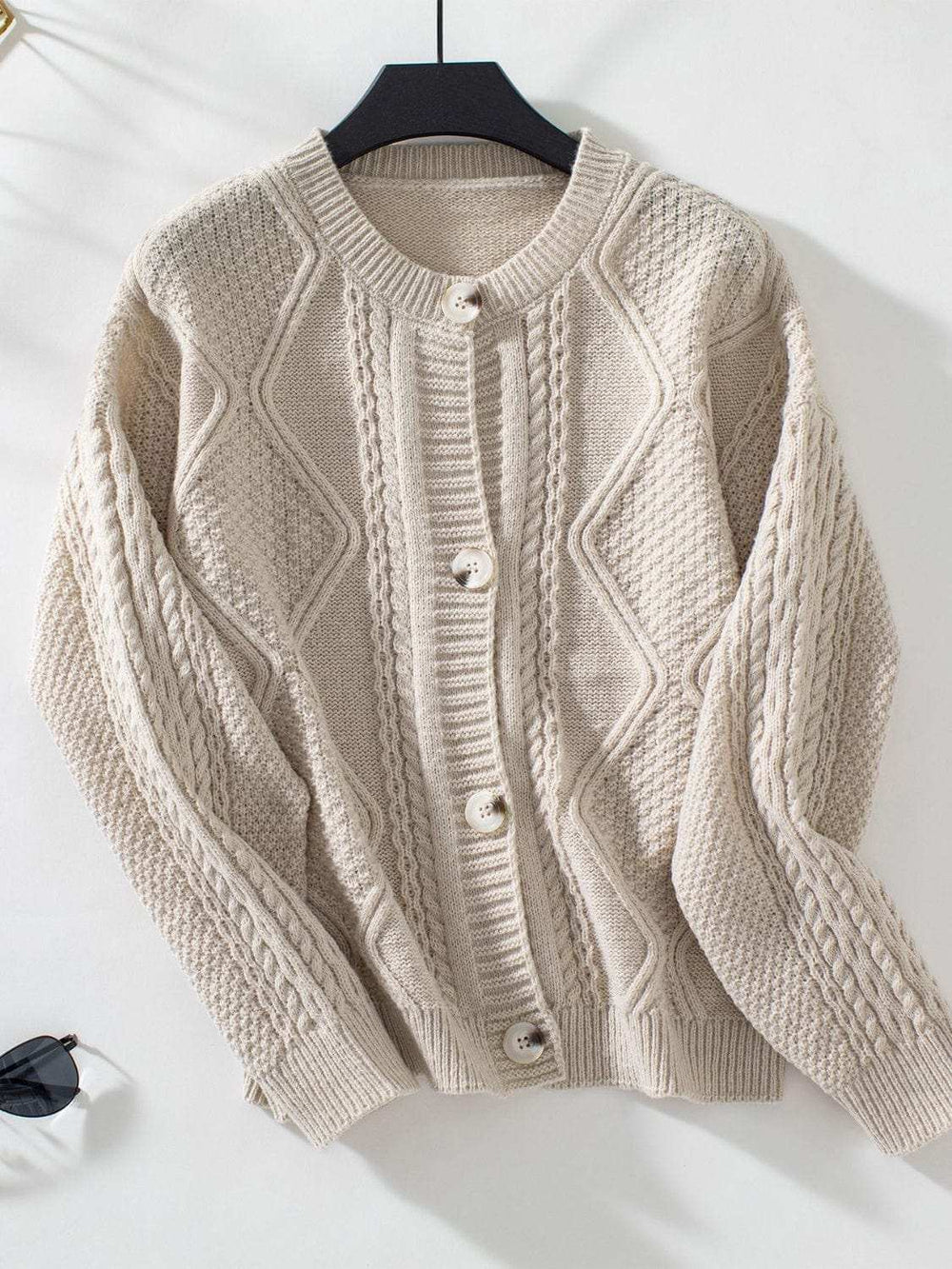 Cable-Knit Round Neck Button Up Cardigan - Trendsi - Flyclothing LLC
