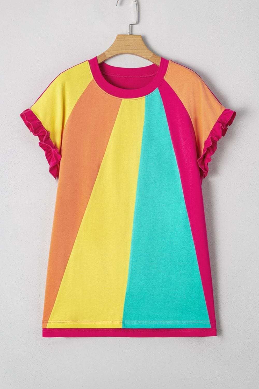 Frill Color Block Crew Neck Loose Fit T Shirt - Trendsi - Flyclothing LLC