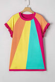 Frill Color Block Crew Neck Loose Fit T Shirt - Trendsi - Flyclothing LLC