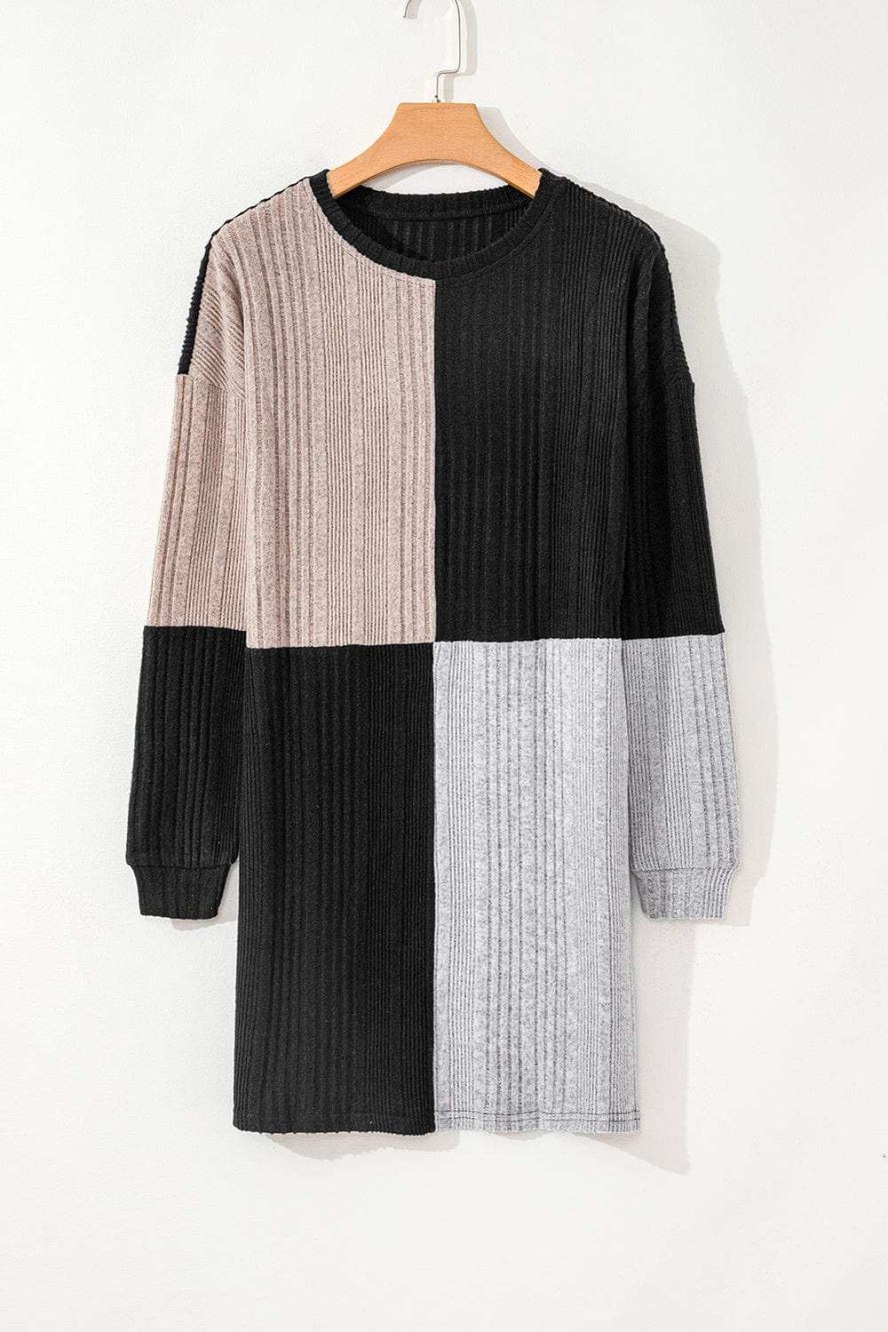 Color Block Drop Shoulder Long Sleeve Mini Dress - Trendsi - Flyclothing LLC