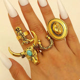 4 Piece Vintage Western Style Bull Head Rings - Trendsi - Flyclothing LLC