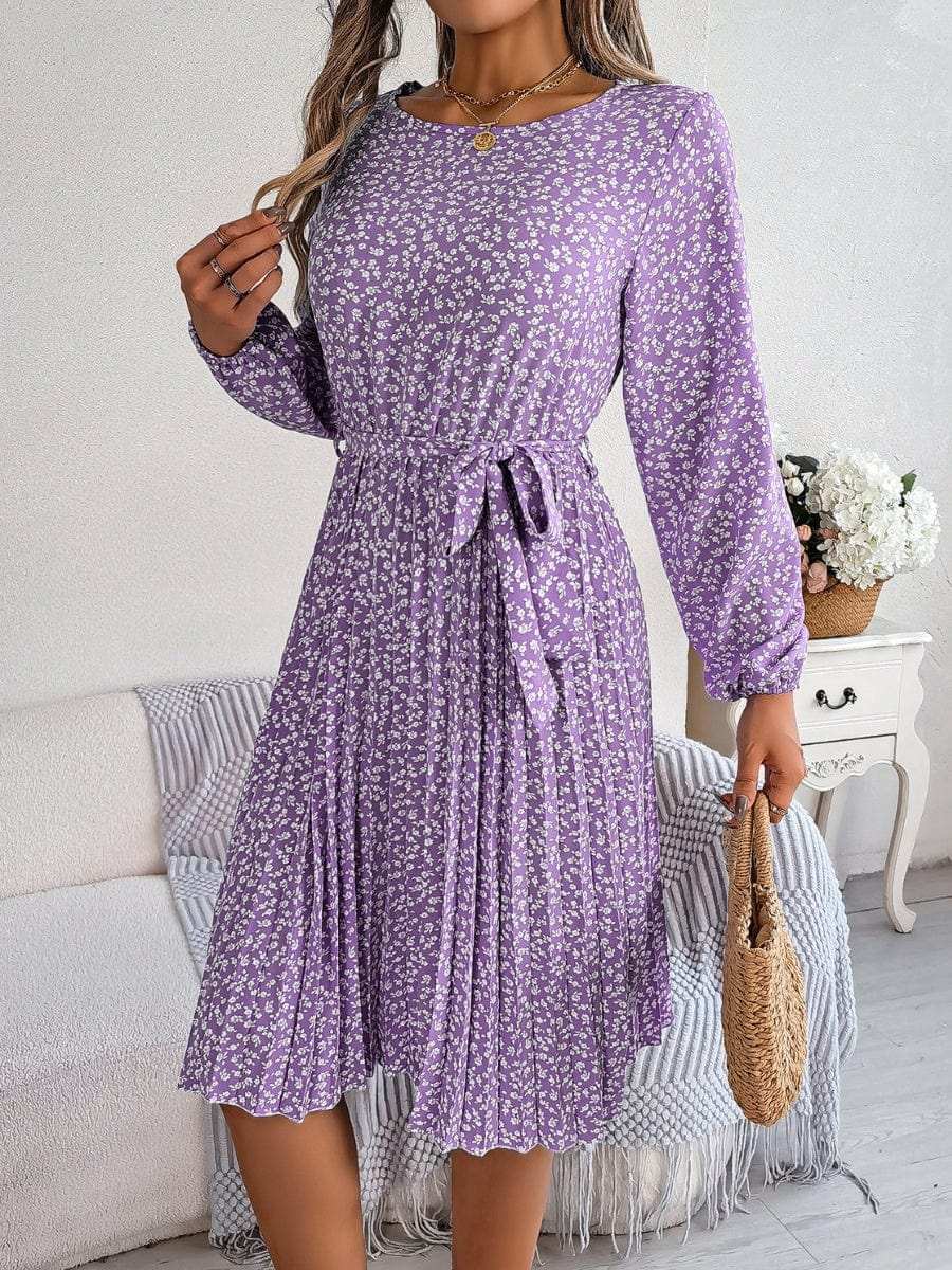 Ditsy Floral Tie Waist Pleated Dress - Trendsi - Flyclothing LLC