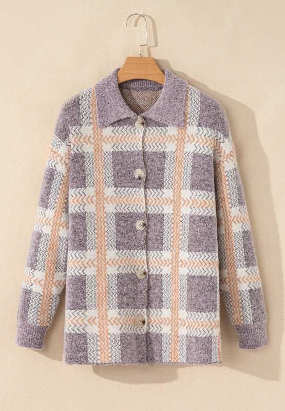 Plaid Button Up Collared Neck Cardigan - Trendsi - Flyclothing LLC