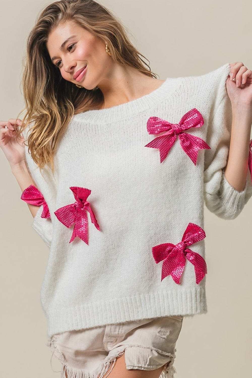 BiBi Sequin Bow Puff Sleeve Sweater - Trendsi - Flyclothing LLC