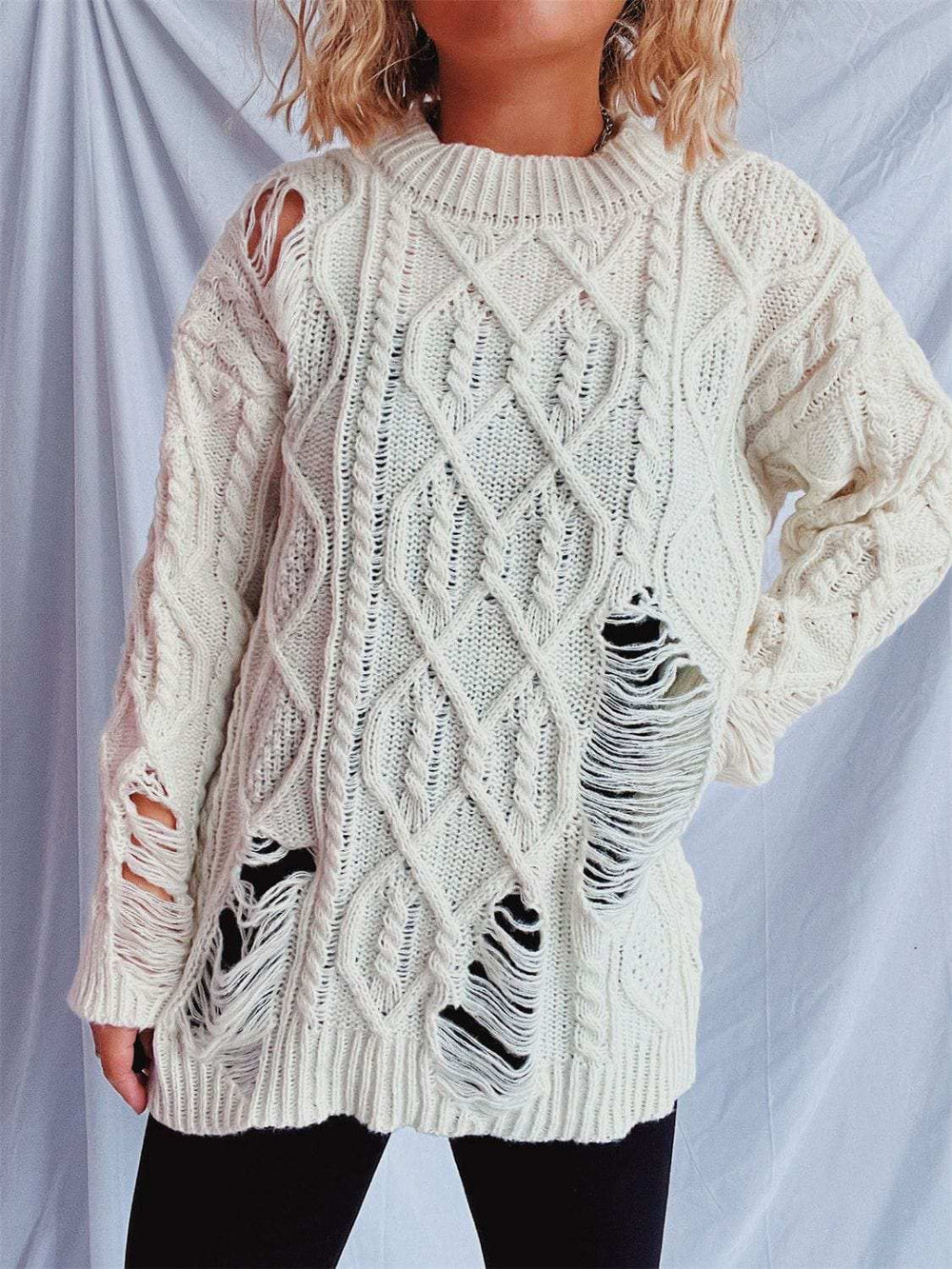 Distressed Cable-Knit Round Neck Long Sleeve Sweater - Trendsi - Flyclothing LLC
