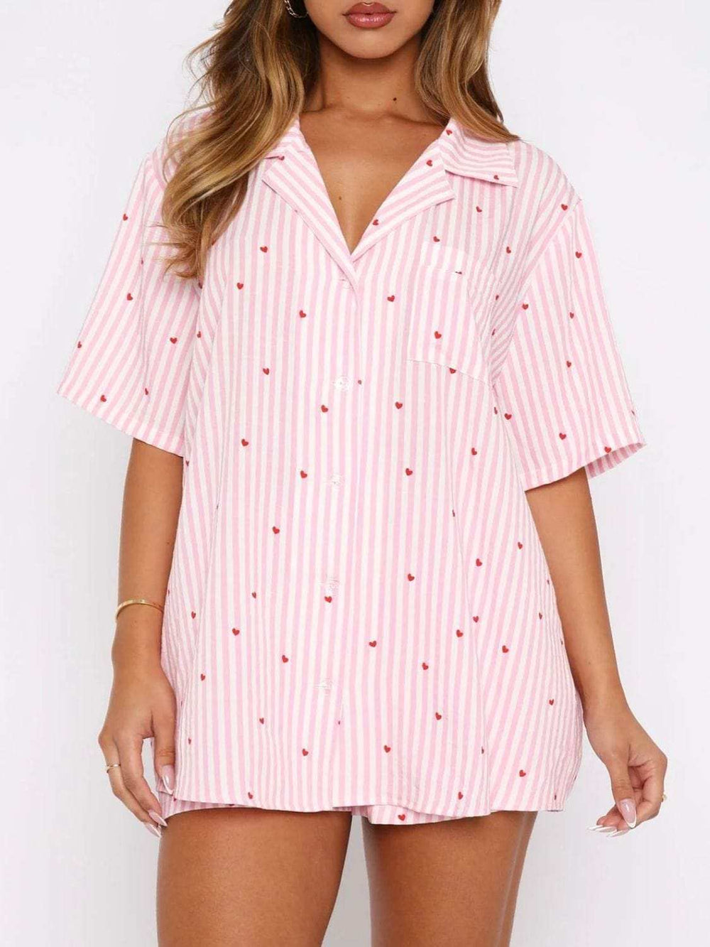 Valentine's Day Printed Collared Neck Short Sleeve Top and Shorts Set - Trendsi - Flyclothing LLC