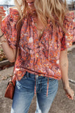 Floral Ruffled Layered Short Sleeve Tie Neck Blouse - Trendsi - Flyclothing LLC