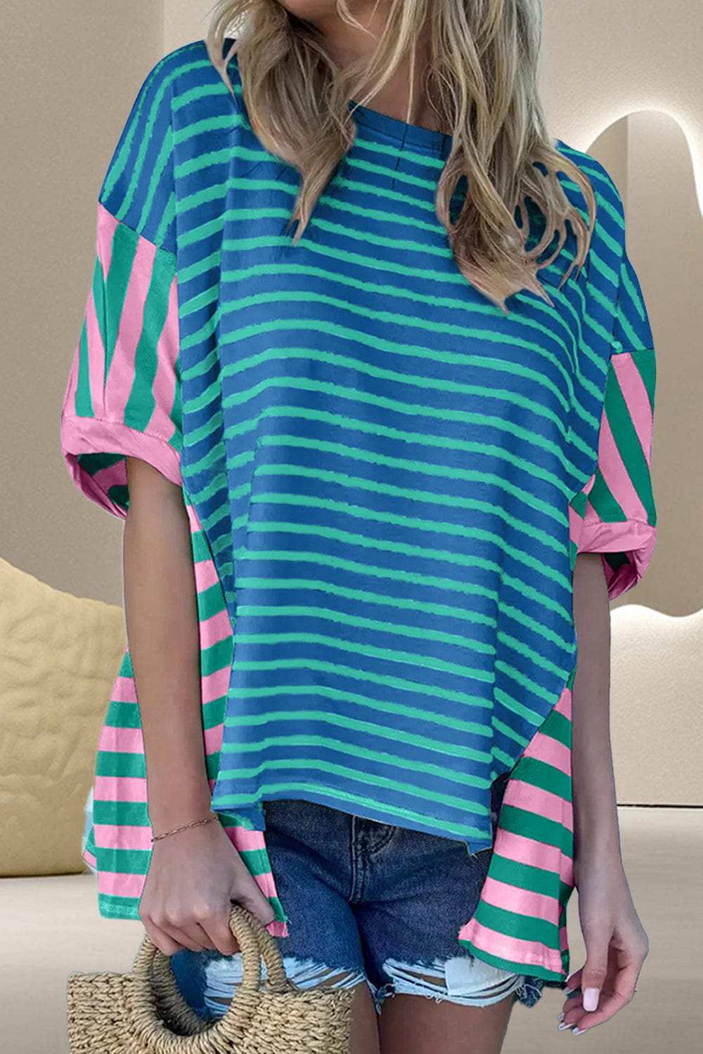 Striped Round Neck Half Sleeve T-Shirt - Trendsi - Flyclothing LLC