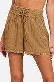 Zenana Washed Linen Frayed Hem Drawstring Shorts - Trendsi - Flyclothing LLC