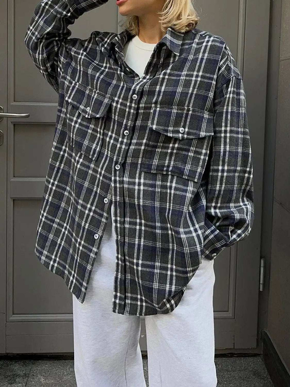 Pocketed Plaid Button Up Shacket - Trendsi - Flyclothing LLC